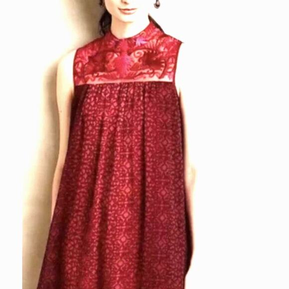 Anthropologie Niki Mahajan Sleeveless Embroidered Red Pink Lace High Neck Dress - Picture 1 of 7